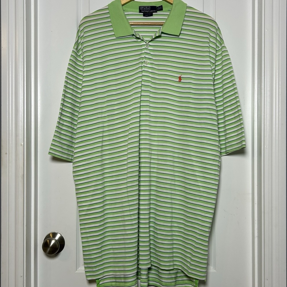 Polo Ralph Lauren 100% Pima Cotton Green White Stripe Golf Fit Polo Shirt